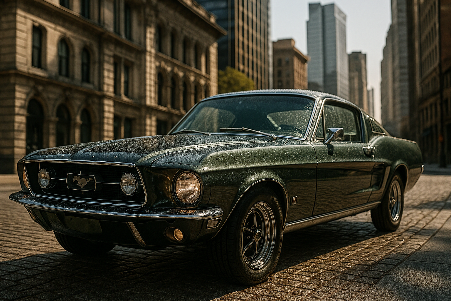 1967 Ford Mustang polished in a cityscape with water beads