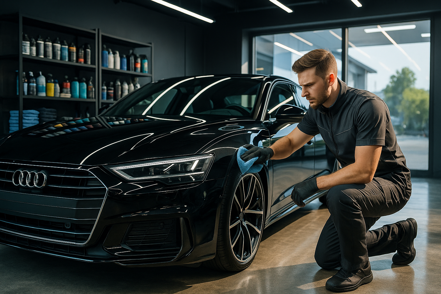 Advanced auto detailing in Huntington Beach: A pristine black sports car in a detailing studio, with a technician using a microfiber cloth on the mirror, highlighting meticulous care. Sunlight and studio lights emphasize the glossy finish and chrome details.