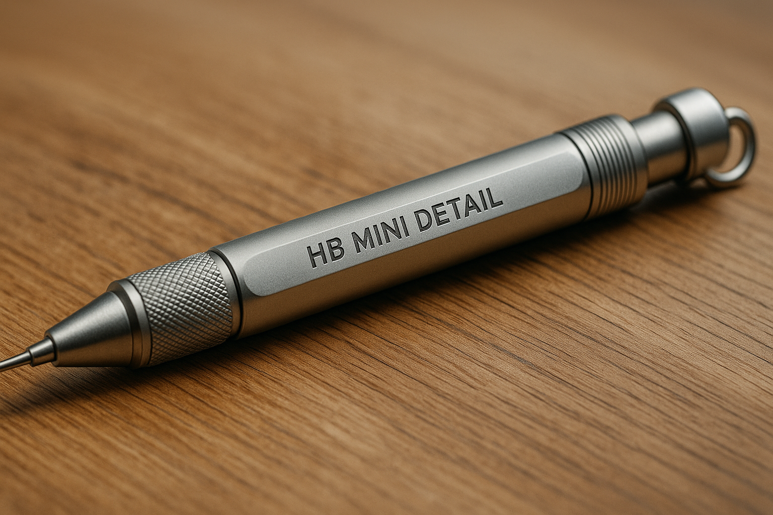 HB Mini Detail branding pencil on wooden desk