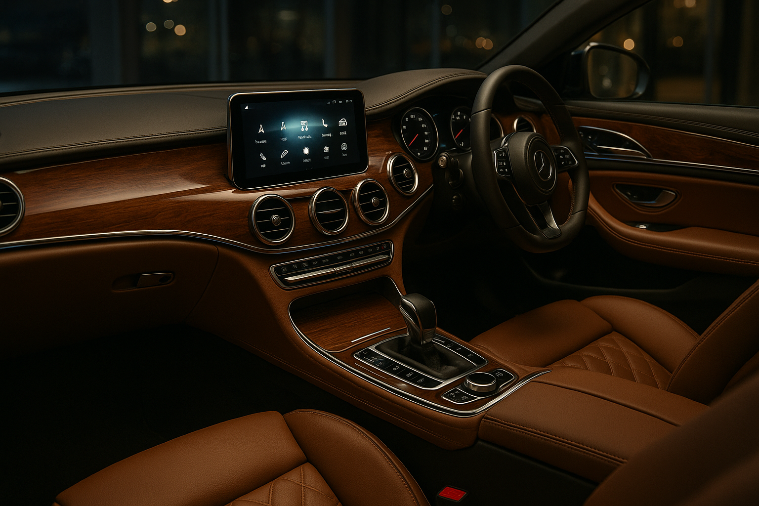 A luxurious vehicle interior with wood inlays, chromed accents, and plush leather seats. The clear touchscreen display and stitching detail accentuate the elegance, bathed in ambient dealership lighting with faint city light reflections, creating an inviting, high-end ambiance.