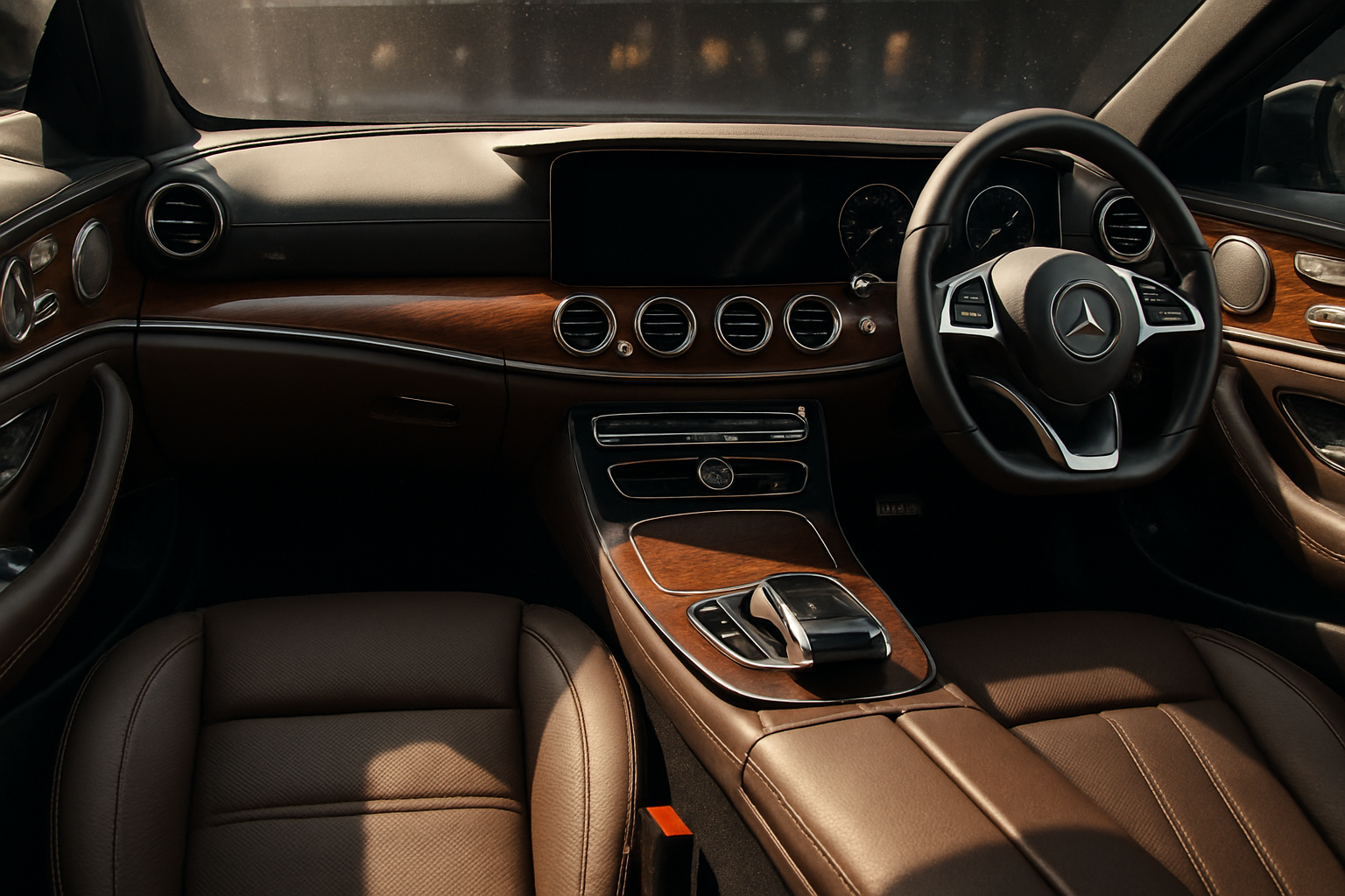 Luxurious car interior with detailed leather seats, precise stitching, and glossy wood-trimmed dashboard. The steering wheel and center console feature elegant metal accents under dynamic afternoon lighting, casting shadows and capturing fine dust particles for authenticity.