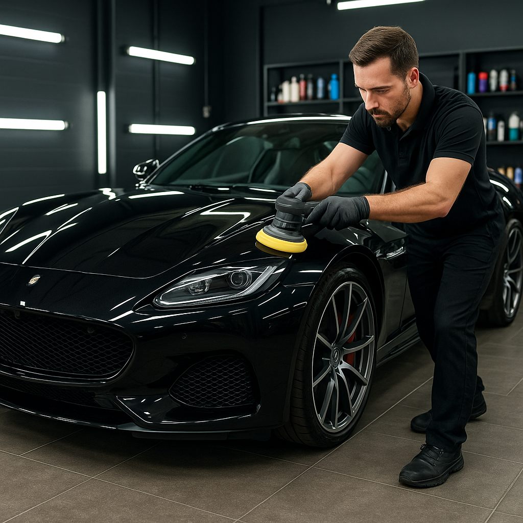 A hyper-realistic shot of a luxury black sports coupe in an upscale garage, being meticulously hand-polished by a professional technician with specialized tools against a backdrop of organized car care products.